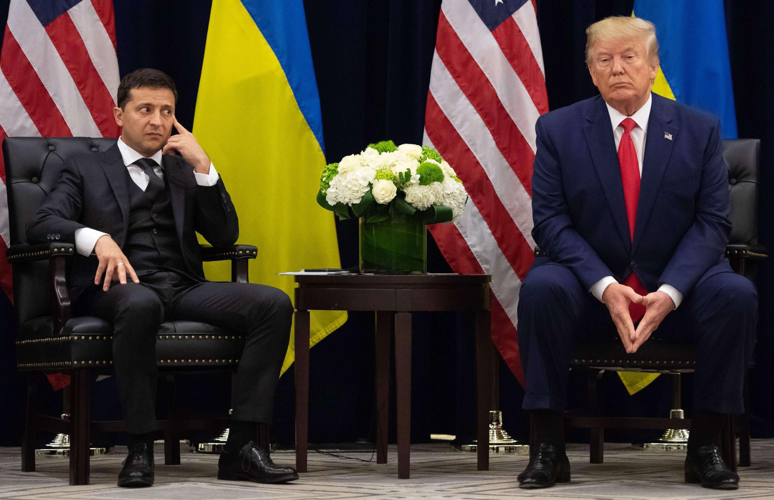 PHOTO: President Donald Trump and Ukrainian President Volodymyr Zelenskyy looks on during a meeting in New York on the sidelines of the United Nations General Assembly on Sept. 25, 2019.