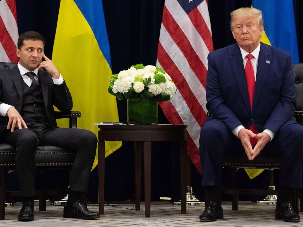 PHOTO: President Donald Trump and Ukrainian President Volodymyr Zelensky looks on during a meeting in New York on the sidelines of the United Nations General Assembly on Sept. 25, 2019.