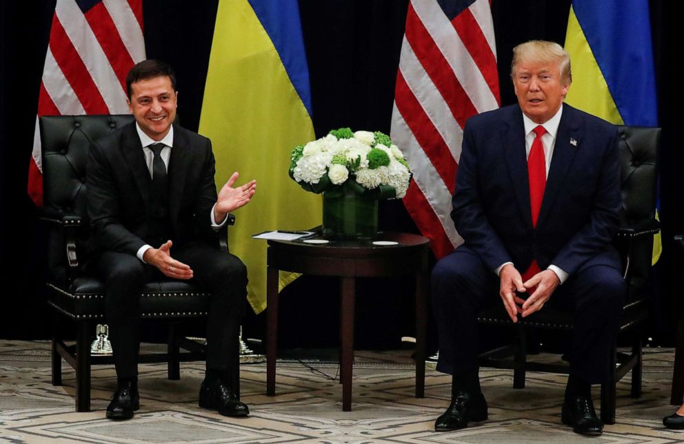 PHOTO: President Donald Trump listens during a bilateral meeting with with Ukraines President Volodymyr Zelenskiy on the sidelines of the 74th session of the United Nations General Assembly in New York, Sept. 25, 2