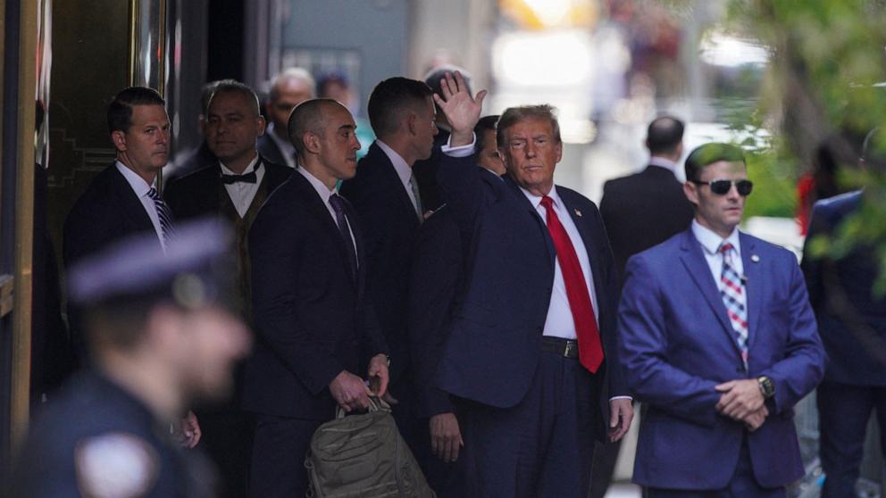 PHOTO: Former President Donald Trump waves on the day of hush money criminal trial, in New York, April 15, 2024.