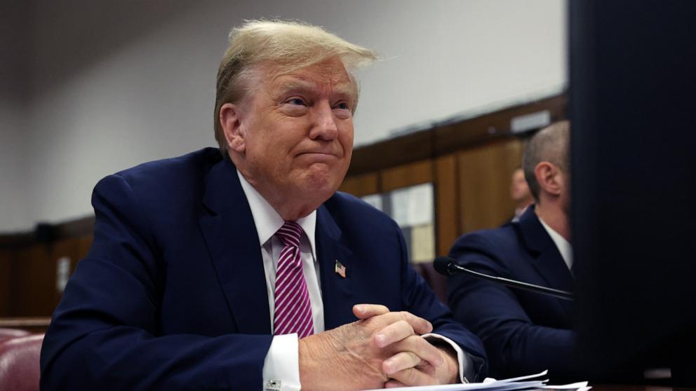 PHOTO: Former President Donald Trump sits in a Manhattan Criminal Court for his trial on April 19, 2024 in New York City.
