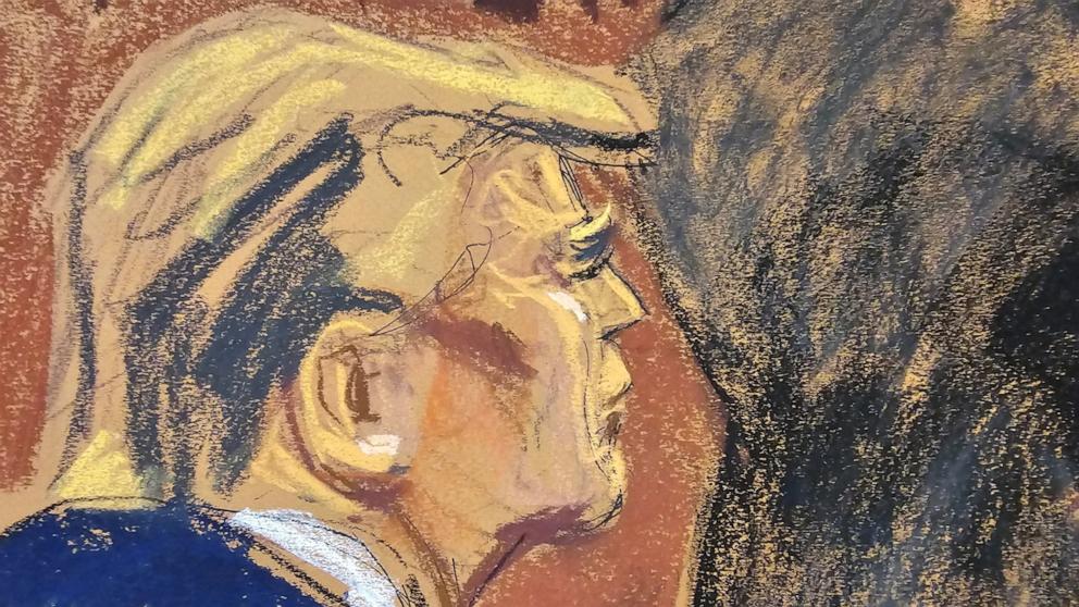 PHOTO: Former President Donald Trump watches as former Director of Oval Office Operations Madeleine Westerhout is cross-examined during Trump's criminal trial in Manhattan state court in New York City,  May 10, 2024, in this courtroom sketch.
