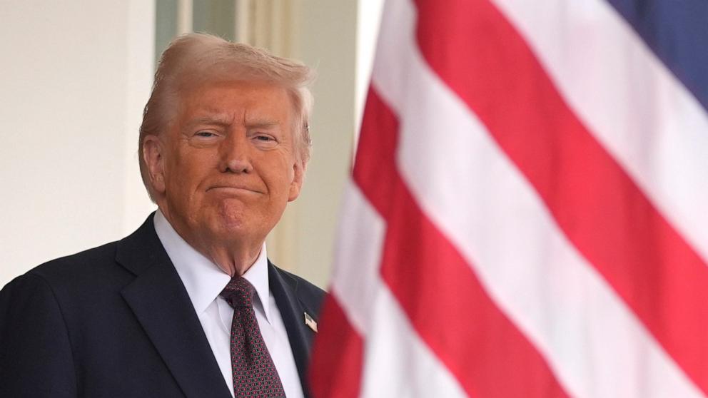 PHOTO: President Donald Trump stands before British Prime Minister Keir Starmer arrives at the White House, Feb. 27, 2025, in Washington.
