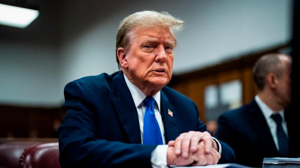 PHOTO: Former President Donald Trump awaits the start of proceedings during jury selection at Manhattan criminal court, April 18, 2024 in New York.