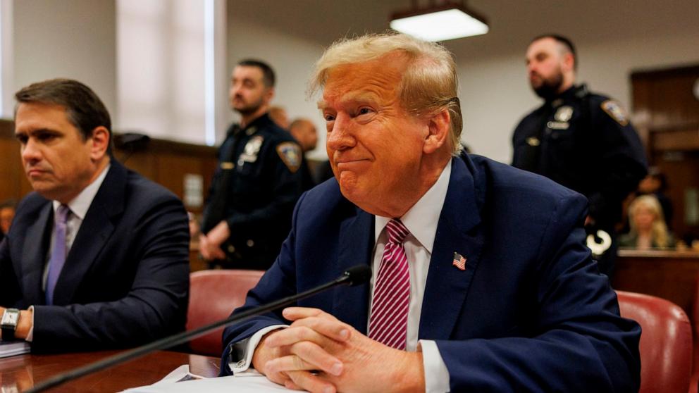 PHOTO: Former President Donald Trump sits at the defendant's table during his criminal trial as jury selection continues at Manhattan Criminal Court on April 19, 2024  in New York City. 