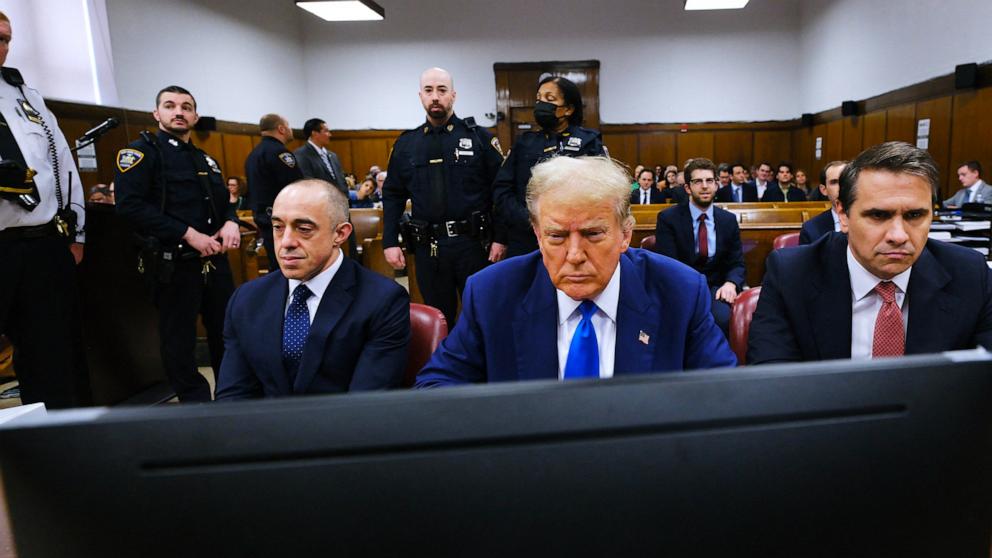 PHOTO: Former President Donald Trump, sitting with attorneys Emil Bove (L) and Todd Blanche (R), attends his trial for allegedly covering up hush money payments linked to extramarital affairs, at Manhattan Criminal Court in New York City, on May 3, 2024.