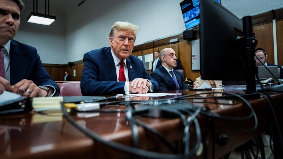 PHOTO: Former President Donald Trump attends the first day of his trial for allegedly covering up hush money payments linked to extramarital affairs, at Manhattan Criminal Court in New York City on April 15, 2024.