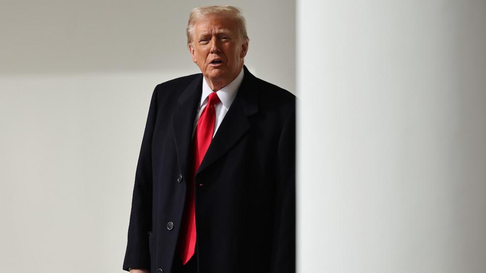 PHOTO: President Donald Trump speaks briefly with reporters after returning to the White House after attending the National Prayer Service at the National Cathedral on Jan. 21, 2025 in Washington, DC.