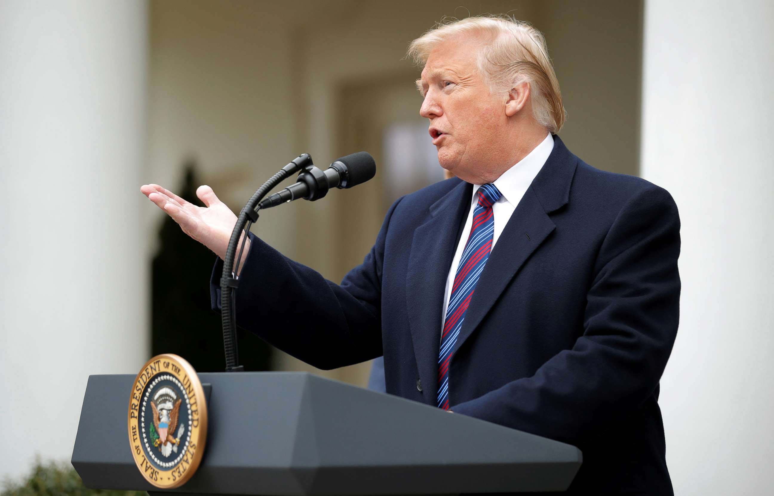 PHOTO: President Donald Trump speaks with reporters following a meeting with congressional leadership on the ongoing partial government shutdown in the Rose Garden of the White House in Washington, Jan. 4, 2019.