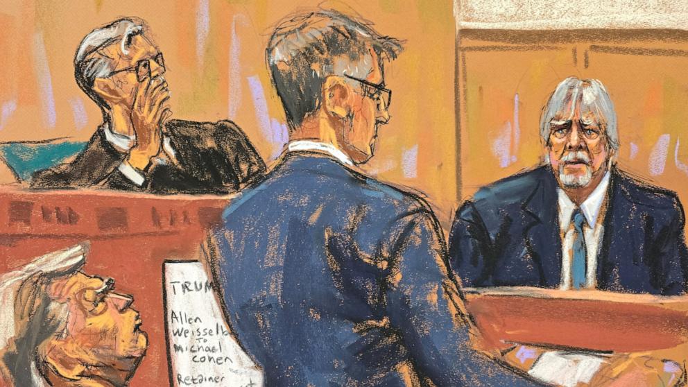 PHOTO: Former Trump Organization controller Jeffrey McConney is questioned by prosecutor Matthew Colangelo during former President Donald Trump's criminal trial in Manhattan state court in New York City, May 6, 2024 in this courtroom sketch.