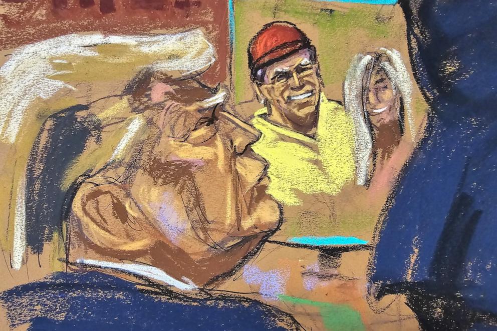 PHOTO: Former President Donald Trump watches as Stormy Daniels is questioned by prosecutor Susan Hoffinger during Trump's criminal trial in Manhattan state court in New York City, May 7, 2024 in this courtroom sketch.