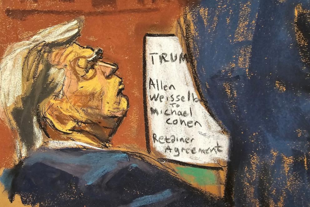 PHOTO: Former President Trump watches as former Trump Organization controller Jeffrey McConney is questioned by prosecutor Matthew Colangelo during Trump's criminal trial in Manhattan state court in New York City, May 6, 2024 in this courtroom sketch.