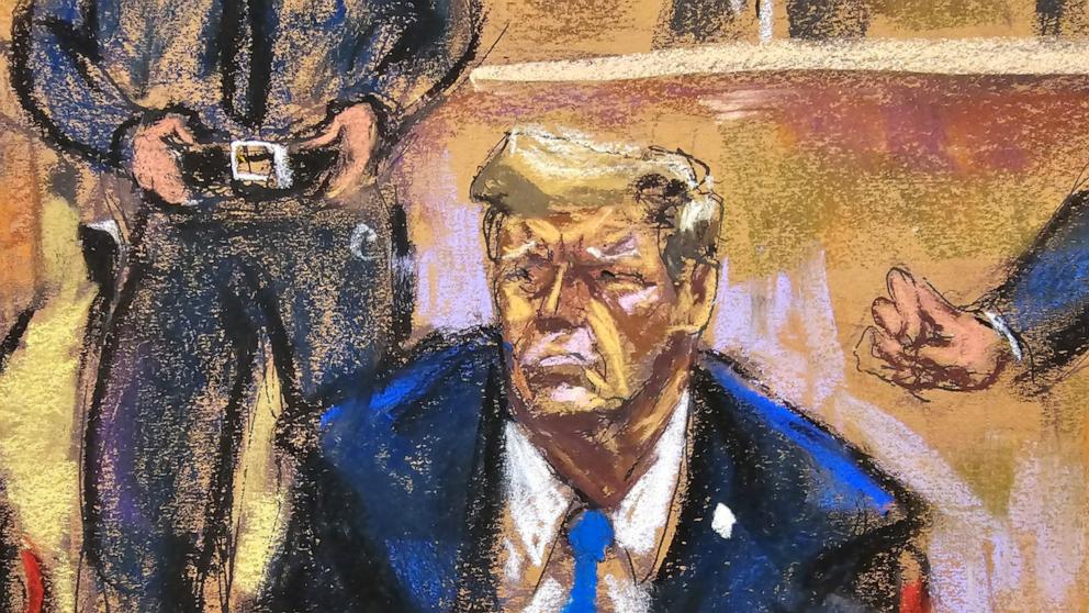 PHOTO: Former President Donald Trump sits during the jury selection of his criminal trial in Manhattan state court in New York City, April 18, 2024 in this courtroom sketch.