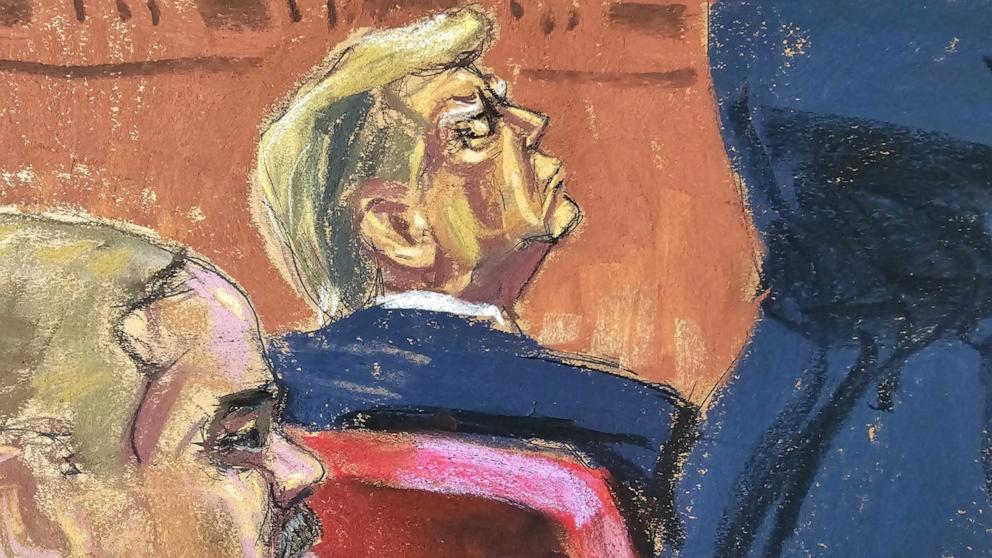 PHOTO: Former President Donald Trump sits and New York County District Attorney Alvin Bragg watches as Michael Cohen is questioned during Trump's criminal trial in Manhattan state court in New York City, May 13, 2024 in this courtroom sketch.