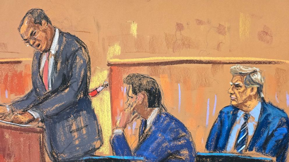 PHOTO: Prosecutor Joshua Steinglass questions potential jurors as former President Trump and defense lawyer Todd Blanche listen, during the jury selection of his trial in Manhattan state court in New York City, April 16, 2024 in this courtroom sketch.