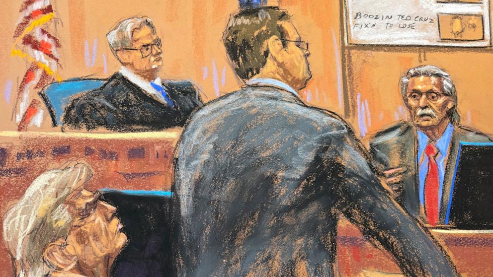 PHOTO: Former President Donald Trump watches as prosecutor Joshua Steinglass questions David Pecker before Justice Juan Merchan during Trump's criminal trial in Manhattan state court in New York City, April 23, 2024 in this courtroom sketch.