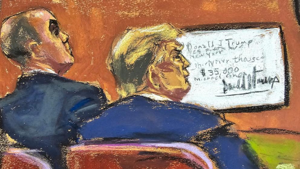PHOTO: Former President Donald Trump and his lawyer Emil Bove watch as Michael Cohen is questioned by prosecutor Susan Hoffinger during Trump's criminal trial in Manhattan state court in New York City, May 14, 2024 in this courtroom sketch.