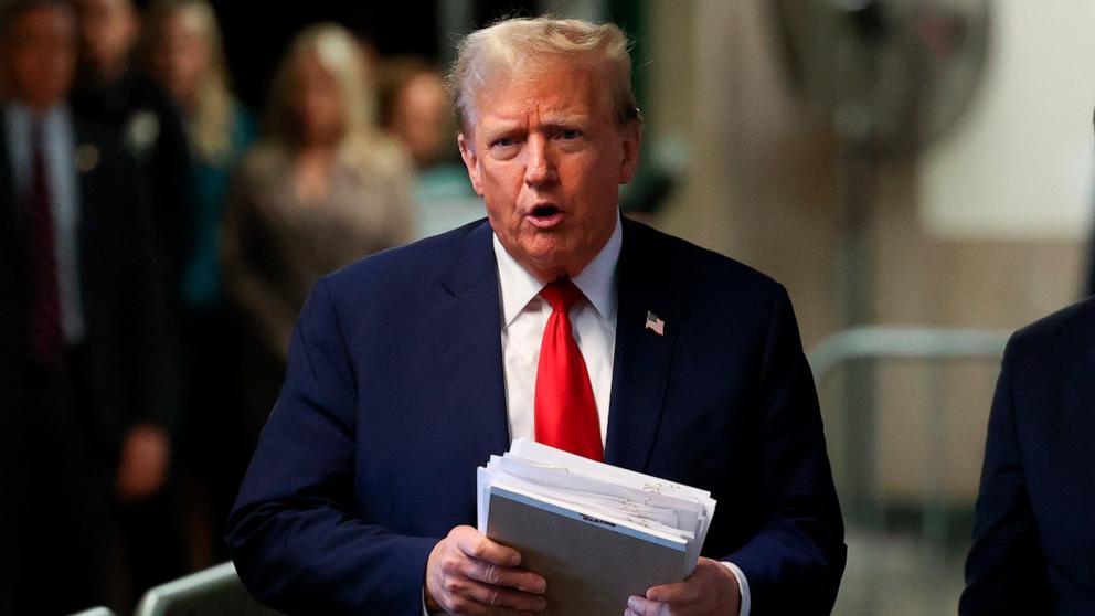 PHOTO: Former President Donald Trump speaks to the press after attending his trial for allegedly covering up hush money payments linked to extramarital affairs, at Manhattan Criminal Court in New York City on April 23, 2024.