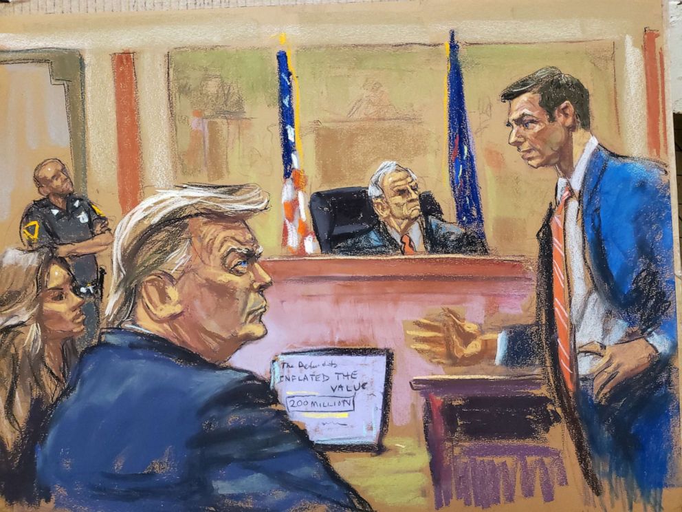 PHOTO: Former President Donald Trump sits alongside his lawyer Alina Habba at a Manhattan courthouse, in New York City, Oct. 2, 2023 in this courtroom sketch.