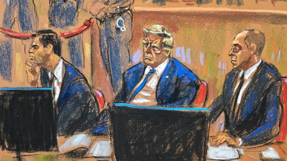 PHOTO: Former President Donald Trump sits beside his lawyers Todd Blanche and Emil Bove during jury selection of his criminal trial in Manhattan state court in New York City, U.S. April 18, 2024 in this courtroom sketch.