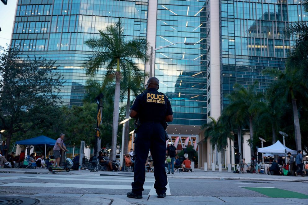 PHOTO: A Department of Homeland Security police officer stands near the Wilkie D. Ferguson Jr. United States Federal Courthouse before the arraignment of former President Donald Trump on June 13, 2023 in Miami.