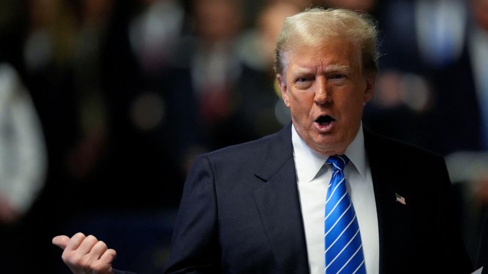 PHOTO: Former President Donald Trump speaks to members of the media upon arriving at Manhattan criminal court, May 13, 2024, in New York.