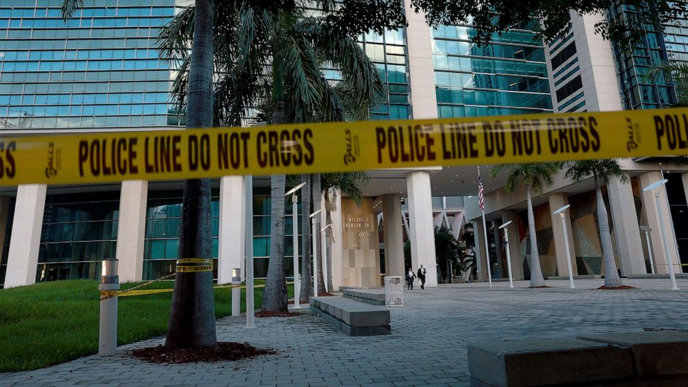 PHOTO: Police tape hangs near the Wilkie D. Ferguson Jr. United States Federal Courthouse before the arraignment of former President Donald Trump on June 13, 2023 in Miami.