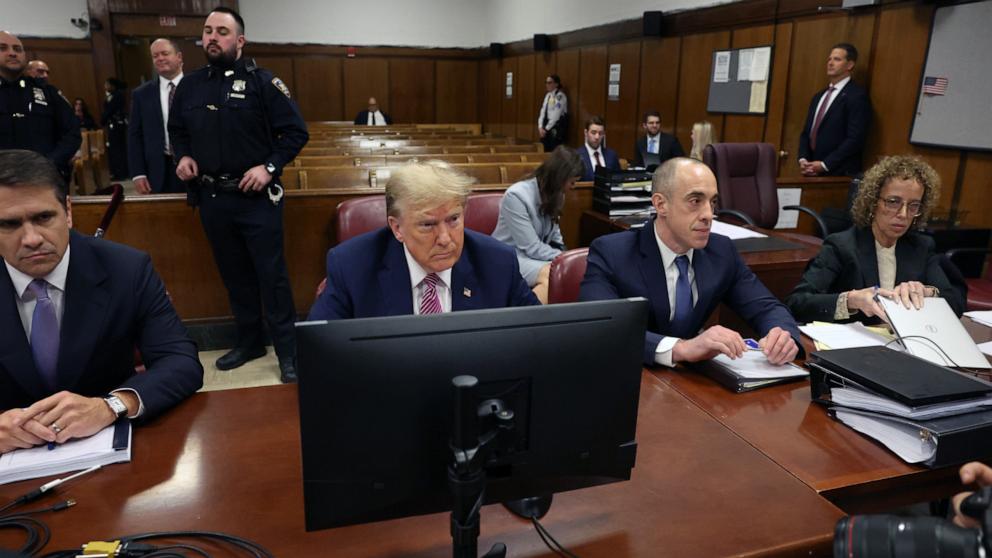 PHOTO: Former President Donald Trump sits in a Manhattan Criminal Court for his trial on April 19, 2024 in New York City.