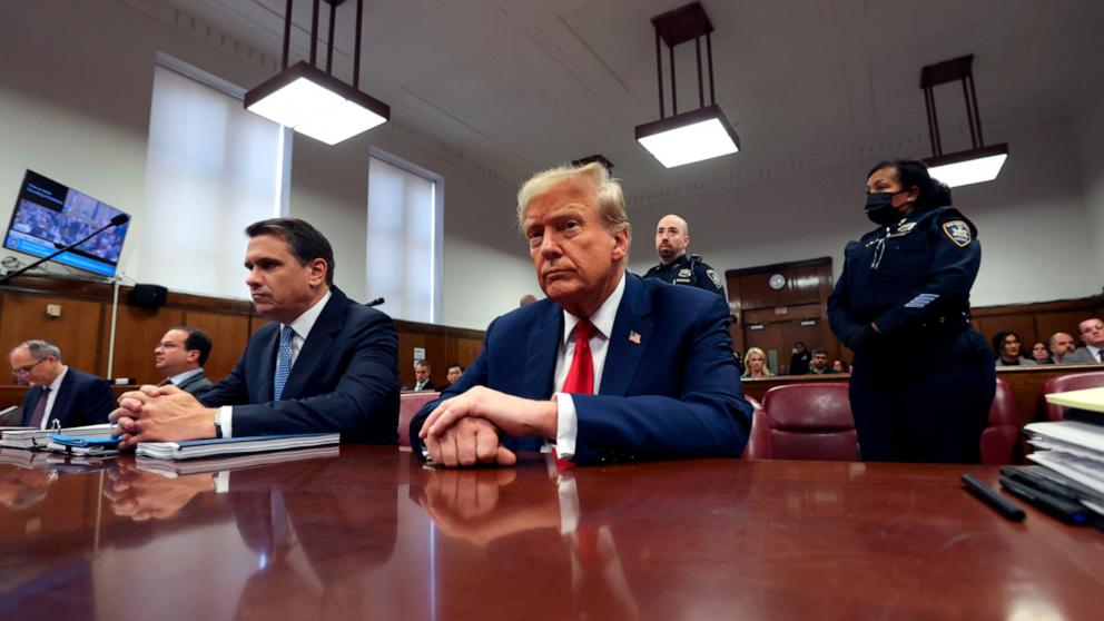 PHOTO: Former President Donald Trump appears in court with his attorney Todd Blanche (L) for his trial at Manhattan Criminal Court on April 23, 2024 in New York City.
