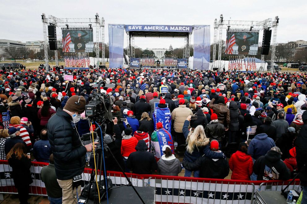 PHOTO: President Donald Trump holds a rally to contest the certification of the 2020  presidential election results by Congress, in Washington, D.C., Jan. 6, 2021.