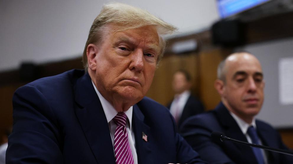 PHOTO: Former President Donald Trump sits in a Manhattan Criminal Court for his trial on April 19, 2024 in New York City.
