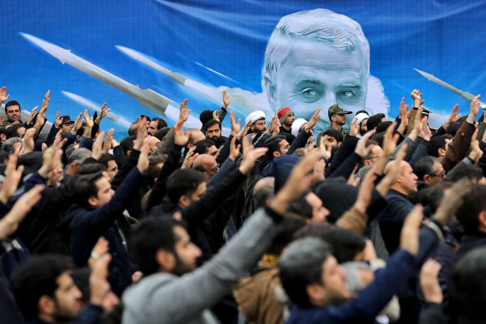 PHOTO: Protesters demonstrate over the U.S. airstrike in Iraq that killed Iranian Revolutionary Guard Gen. Qassem Soleimani in Tehran, Iran, Saturday Jan. 4, 2020.