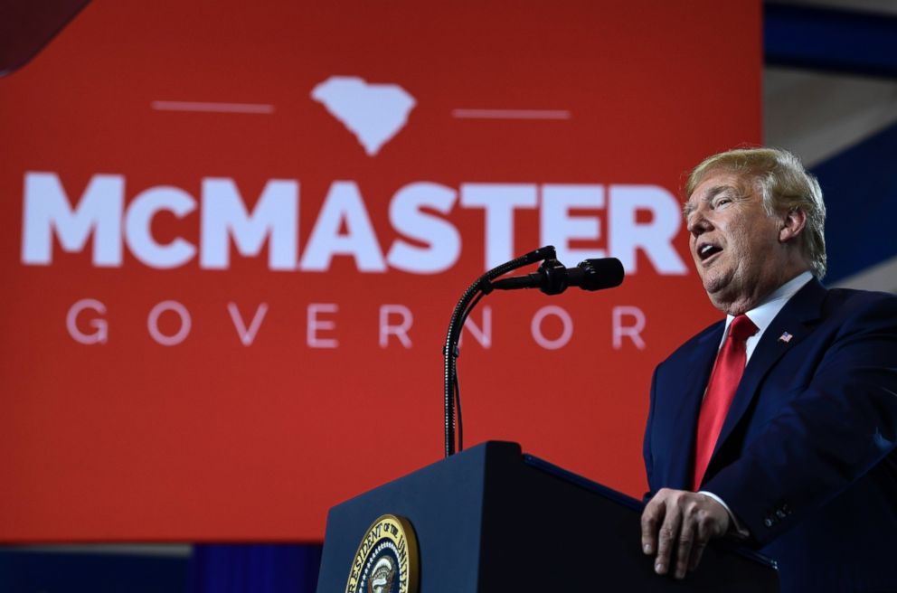 President Donald Trump speaks during a rally at Airport High School in West Columbia, S.C., for Republican Gov. Henry McMaster.