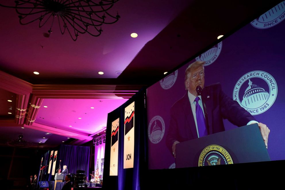 PHOTO: President Donald Trump addresses conservative activists at the Family Research Council's annual gala in Washington, Oct. 12, 2019.