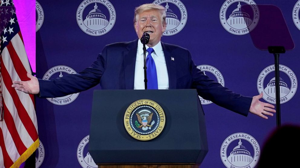 PHOTO: President Donald Trump addresses conservative activists at the Family Research Council's annual gala in Washington, Oct. 12, 2019.