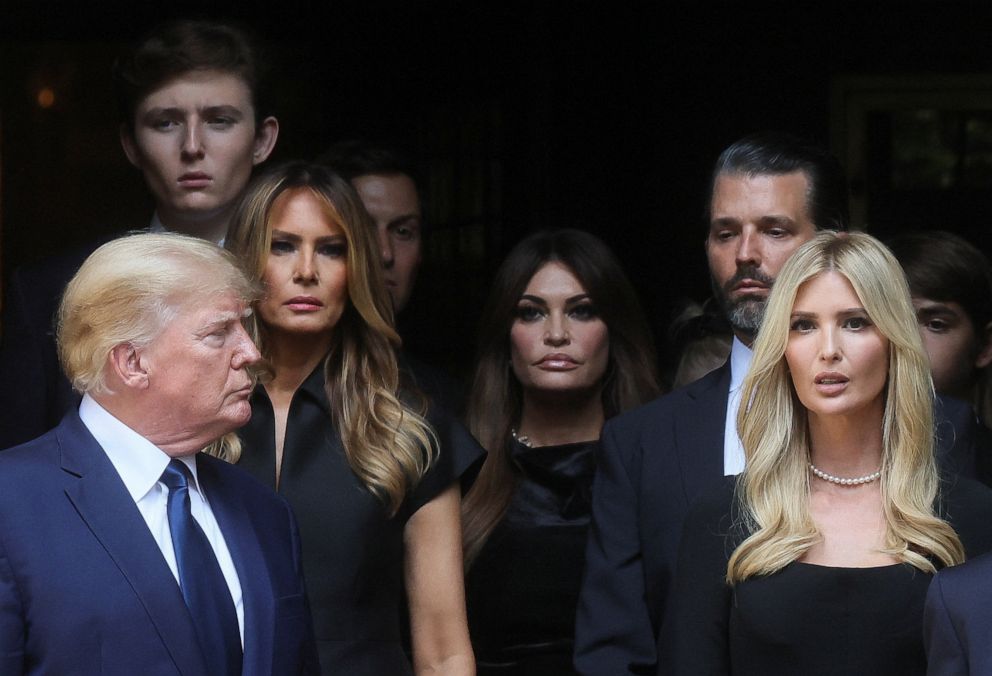 PHOTO: Former President Donald Trump, his wife Melania, Kimberly Guilfoyle, his sons Barron and Donald Jr.  and his daughter Ivanka left St.  Vincent Ferrer Church during the funeral of Ivana Trump in New York City, July 20, 2022.
