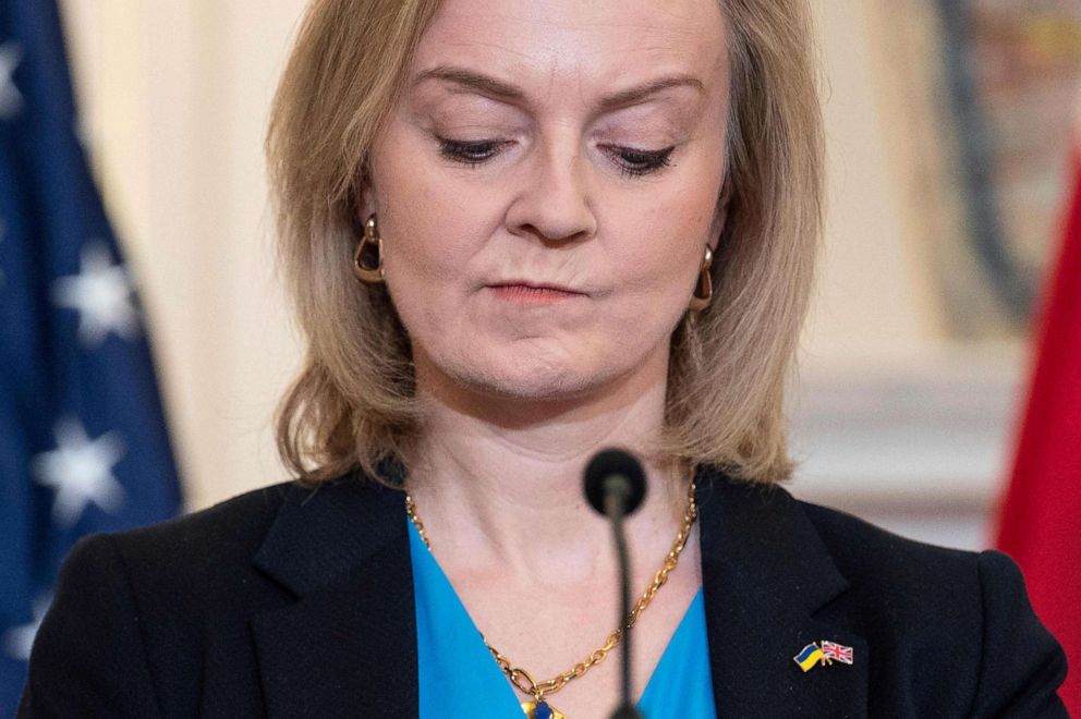 PHOTO: British Foreign Secretary Elizabeth Truss holds a joint press conference with U.S. Secretary of State Antony Blinken, March 9, 2022, in the Benjamin Franklin Room of the State Department in Washington, D.C.