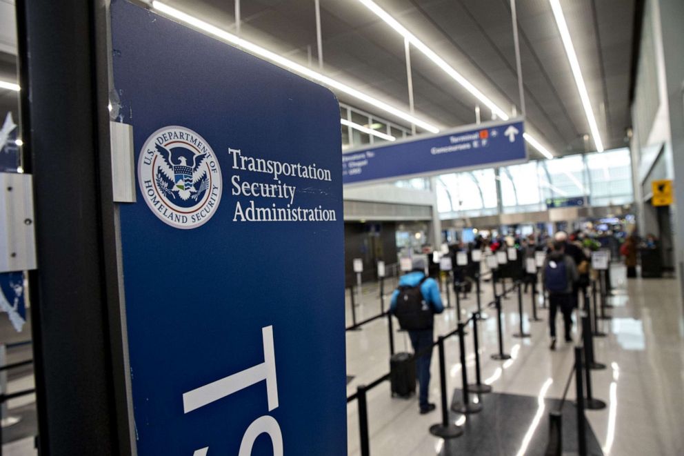 PHOTO: Transportation Security Administrationsignage is displayed near a check-point at O'Hare International Airport in Chicago, Jan. 8, 2019.