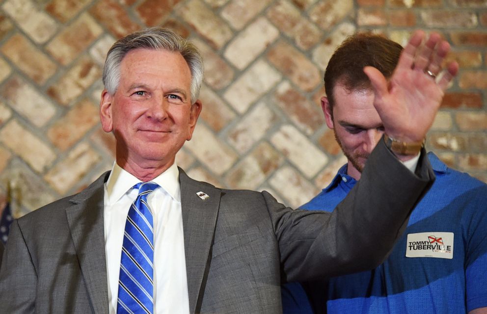 PHOTO: Alabama U.S. Senate candidate Tommy Tuberville waves to his supporters at Auburn Oaks Farm in Notasulga, Ala., Monday, March 3, 2020.