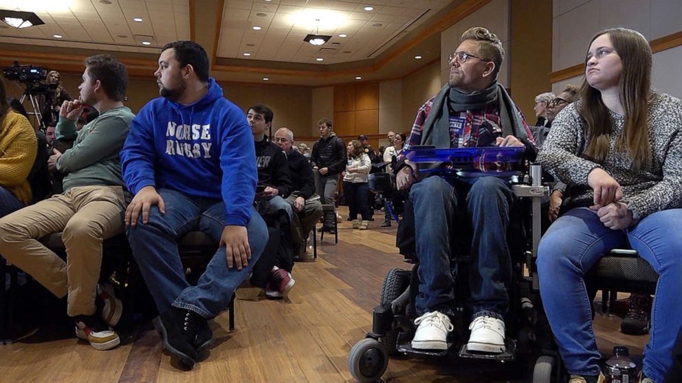 PHOTO: Tucker Cassidy, second from right, a quadriplegic in Waterloo, Iowa, says disabled people in Iowa are really excited about the possibility of a virtual caucus. 
