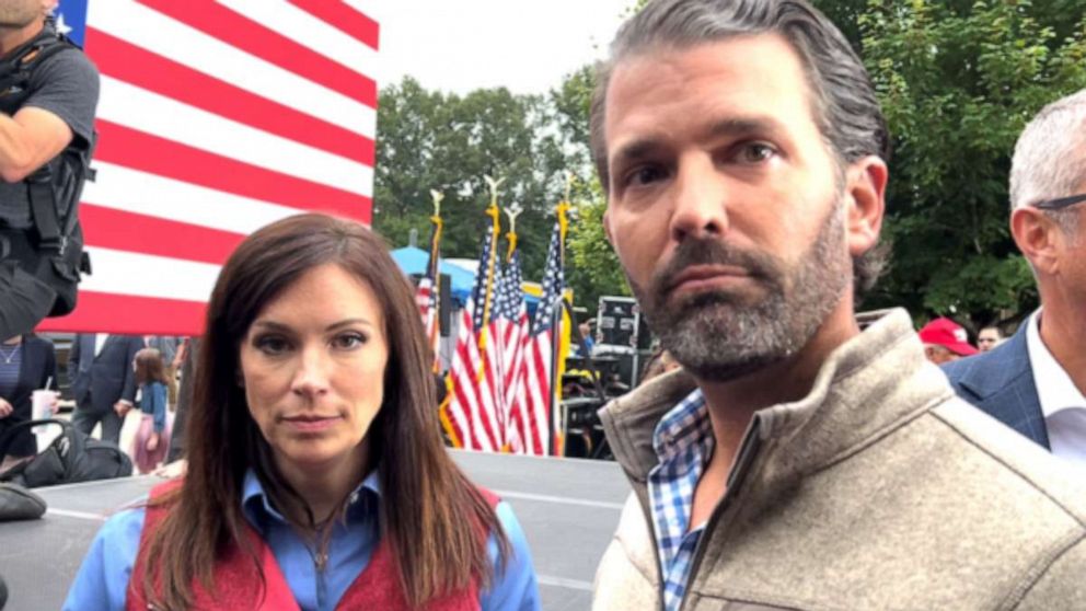 PHOTO: In this screen grab from a video, Michigan gubernatorial candidate Tudor Dixon and Donald Trump, Jr., appear at a rally in Muskegon, Mich., on Sept 23, 2022.