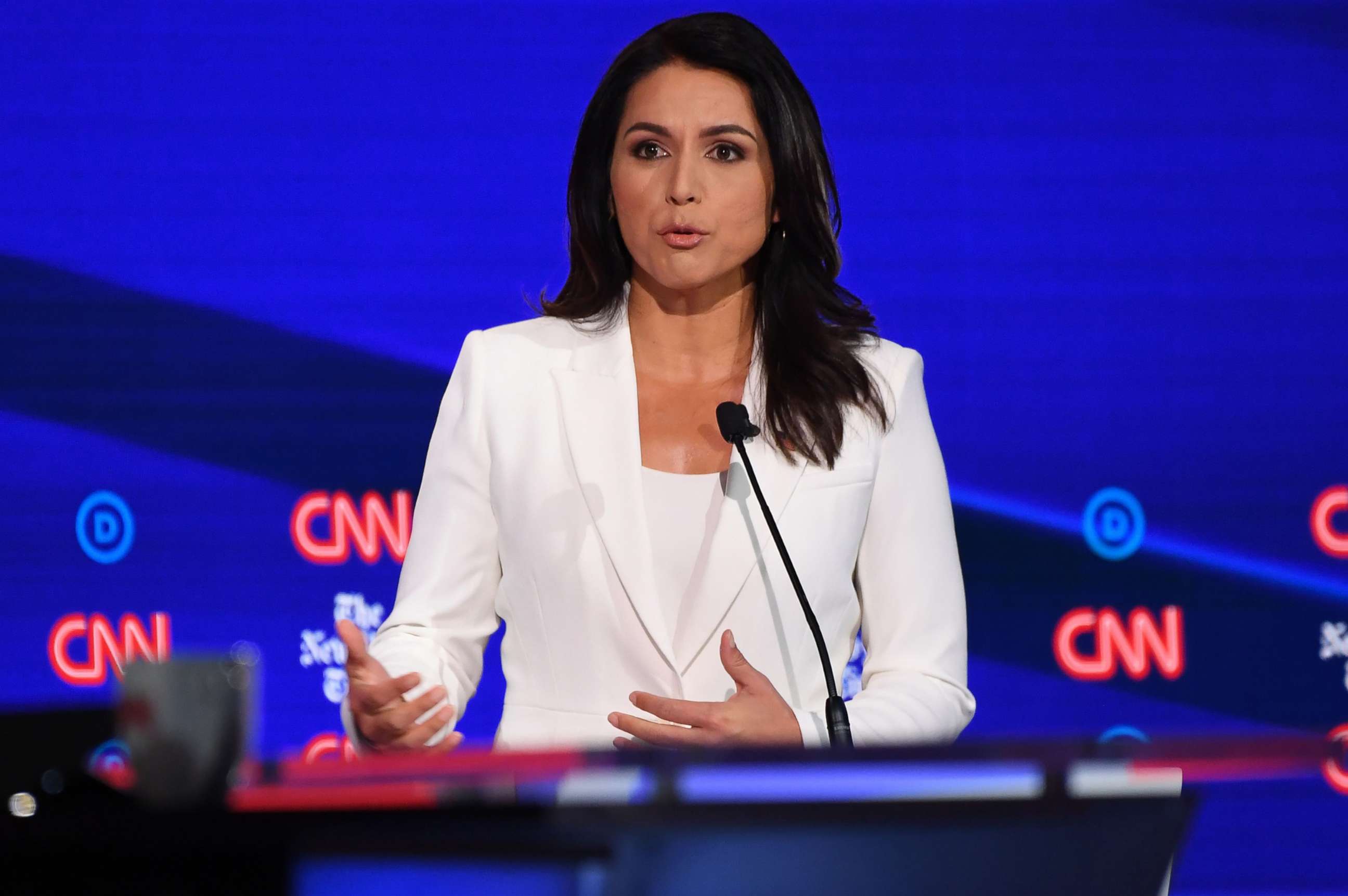 PHOTO: Democratic presidential hopeful Tulsi Gabbard speaks during the fourth Democratic primary debate of the 2020 presidential campaign season in Westerville, Ohio on Oct. 15, 2019.