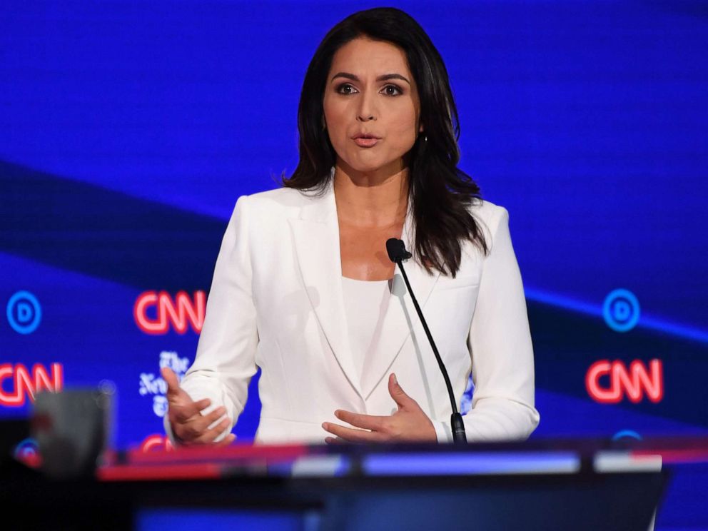 PHOTO: Democratic presidential hopeful Tulsi Gabbard speaks during the fourth Democratic primary debate of the 2020 presidential campaign season in Westerville, Ohio on Oct. 15, 2019.