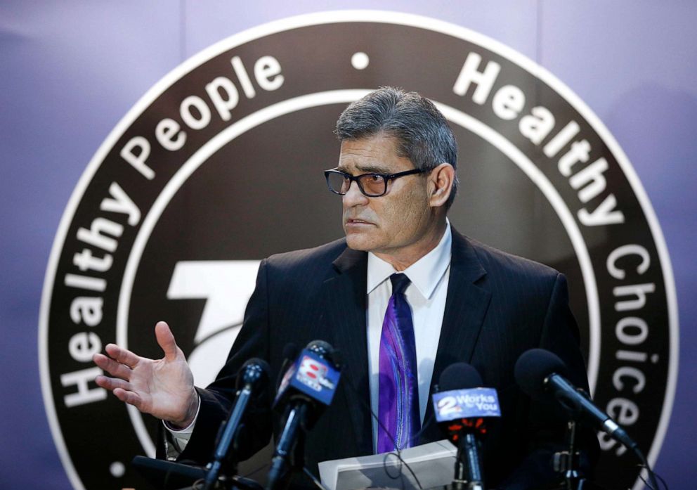 PHOTO: In this March 16, 2020, file photo, Tulsa Health Department director Bruce Dart takes part in a news conference about local response to the coronavirus pandemic at the Tulsa Health Department in Tulsa, Okla.