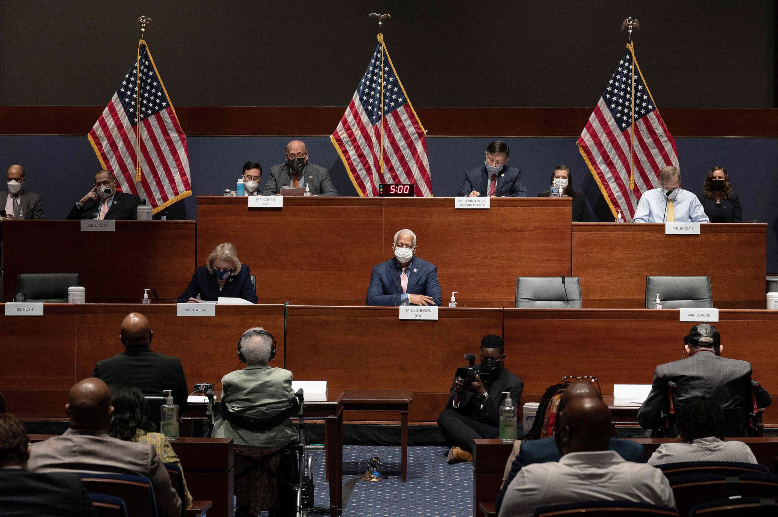 PHOTO: Members of the committee listen as survivor and veteran Hughes Van Ellis, bottom right, and survivor Viola Fletcher, bottom, 2nd from left, testify on Capitol Hill, May 19, 2021, in Washington, D.C.