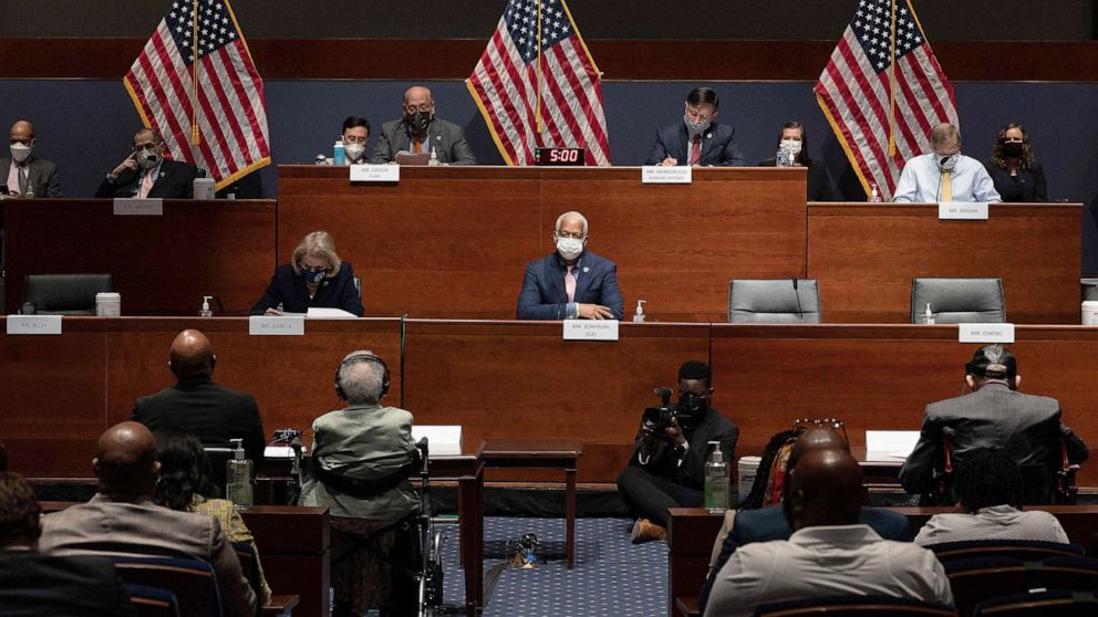 PHOTO: Members of the committee listen as survivor and veteran Hughes Van Ellis, bottom right, and survivor Viola Fletcher, bottom, 2nd from left, testify on Capitol Hill, May 19, 2021, in Washington, D.C.