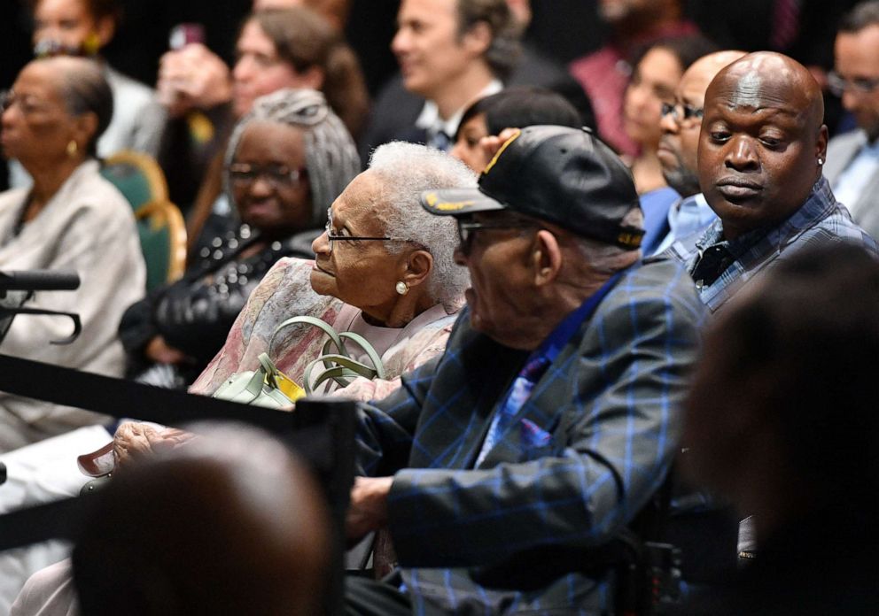 PHOTO: Relatives of survivors listen to President Joe Biden as he speaks on the 100th anniversary of the Tulsa Race Massacre at the Greenwood Cultural Center in Tulsa, Oklahoma, June 1, 2021.
