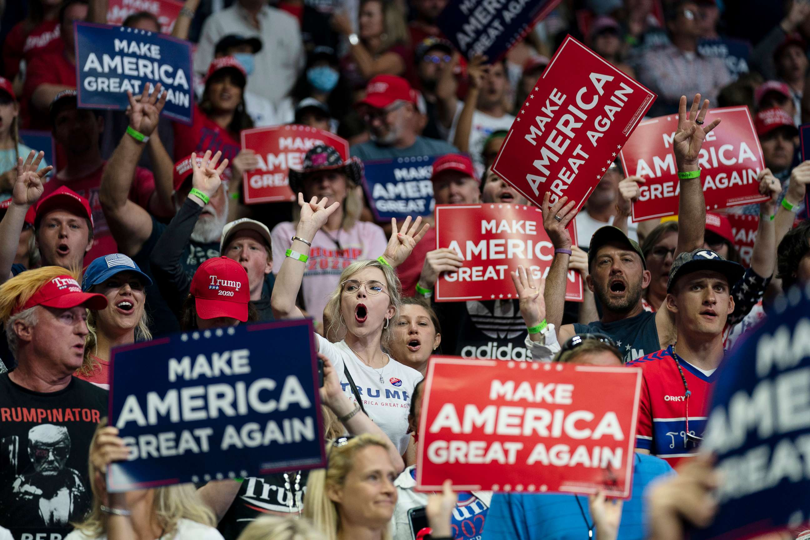 PHOTO: Supporters of President Donald Trump cheer as Vice President Mike Pence speaks during a campaign rally at the BOK Center, June 20, 2020, in Tulsa, Okla.