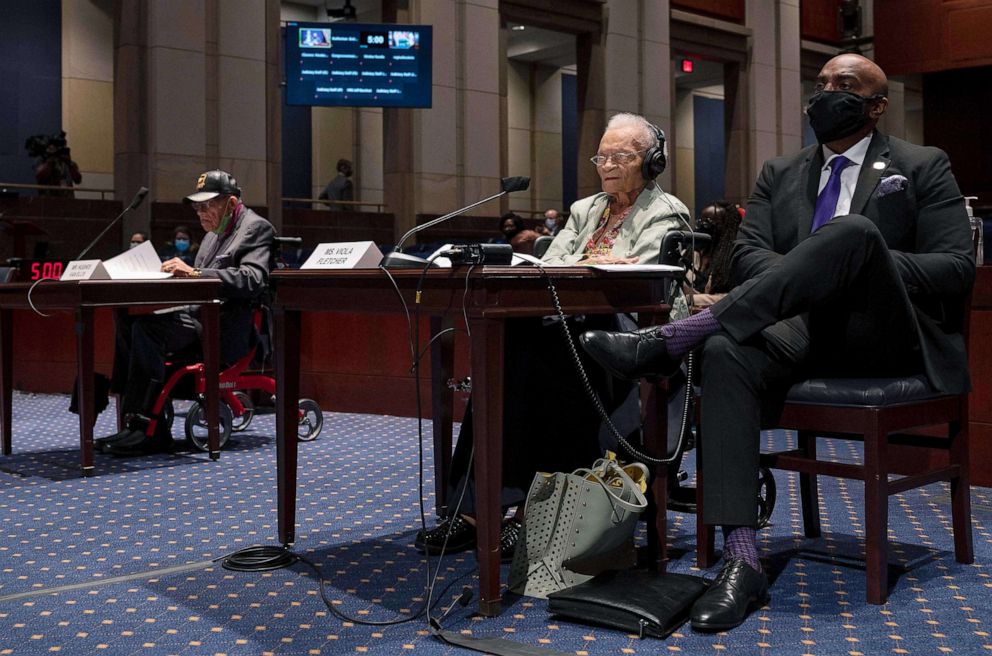 PHOTO: Tulsa Race Masscre survivors Hughes Van Ellis, left, and Viola Fletcher, second from right, testify at a hearing on "Continuing Injustice: The Centennial of the Tulsa-Greenwood Race Massacre" on Capitol Hill in Washington, D.C., May 19, 2021.