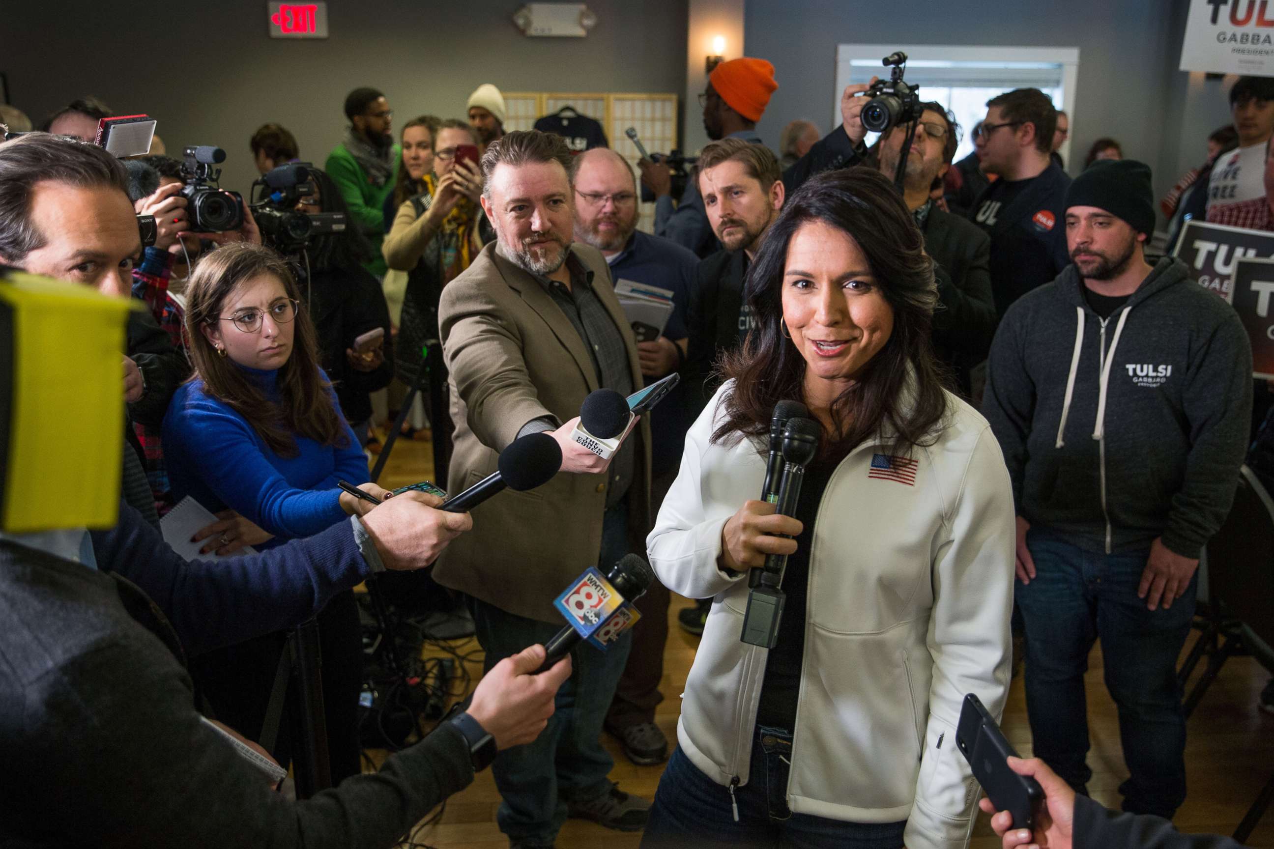 PHOTO: Democratic presidential candidate Rep. Tulsi Gabbard answers media questions following a campaign event, Feb. 9, 2020, in Portsmouth, N.H. 